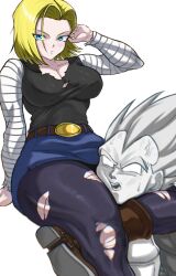 1boy 1girl android_18 between_thighs black_shirt blonde_hair blue_eyes blue_pantyhose blue_skirt breasts brown_gloves cleavage collarbone denim denim_skirt dragon_ball dragonball_z food gloves highres large_breasts miniskirt pantyhose shirt short_hair simple_background skirt solo super_saiyan super_saiyan_1 takundraws torn_clothes torn_pantyhose torn_shirt vegeta vegetable white_background