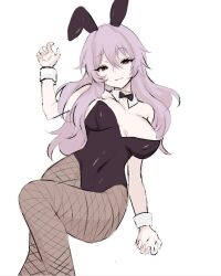 1girl animal_ear_hairband animal_ears bare_shoulders black_bow black_bowtie black_leotard bow bowtie breasts breasts_apart brown_eyes commission covered_navel detached_collar fake_animal_ears fishnet_pantyhose fishnets hairband highleg highleg_leotard hiiragi_shinoa large_breasts leotard lying on_back owari_no_seraph pantyhose playboy_bunny purple_hair rabbit_ear_hairband rabbit_ears smile strapless strapless_leotard traditional_bowtie white_background white_wrist_cuffs wrist_cuffs yuunoaboi21
