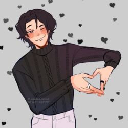 1boy ;) baxter_ward brown_hair grey_background heart heart_background heart_hands highres jewelry looking_at_viewer male_focus minthe_draws multiple_rings one_eye_closed our_life:_beginnings_and_always raised_eyebrow ribbed_sweater ring short_hair smile solo sweater upper_body