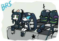 Rule 34 | 10s, 2girls, arm cannon, bandages, bandaid, black leggings, black rock shooter, black rock shooter (character), blue eyes, bruise, bruised eye, cape, chan co, checkered floor, chibi, crossed bandaids, dead master, glowing, glowing eyes, green eyes, gun, head bump, horns, injury, leggings, multiple girls, scar, scythe, sitting, skull, star (symbol), sword, twintails, vocaloid, weapon