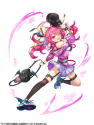 1girl ;d arm_up asymmetrical_legwear backpack bag baseball_cap copyright_name dygy foot_up full_body hat holding holding_bag holding_hat holding_unworn_clothes jacket jumping kneehighs kt._(kaisou-notagui) long_hair mahou_tsukai_to_kuroneko_no_wiz miniskirt off_shoulder official_art one_eye_closed open_mouth over-kneehighs pink_hair shoes simple_background single_kneehigh single_over-kneehigh single_sock single_thighhigh skirt smile sneakers socks solo thighhighs unworn_hat white_background wristband yellow_eyes