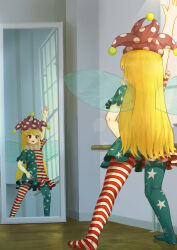 1girl :d absurdres american_flag_dress american_flag_legwear blonde_hair clownpiece commentary_request dancing ekaapetto fairy_wings full-length_mirror hand_up hat highres indoors jester_cap long_hair mirror open_mouth pantyhose polka_dot ran_ran_ru red_eyes reflection short_sleeves smile solo standing star_(symbol) striped_clothes touhou window wings