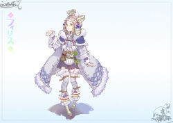 1girl atelier_(series) atelier_firis belt_pouch boots brown_hair capelet character_name closed_mouth coat commentary_request firis_mistlud firis_mistlud_(snow_bright) full_body fur-trimmed_capelet fur_trim hand_up highres long_hair long_sleeves looking_at_viewer mittens official_alternate_costume official_art pom_pom_(clothes) pouch purple_capelet purple_coat smile solo standing translation_request winter_clothes yuugen