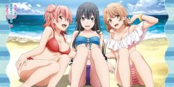 3girls beach bikini blush breasts female_focus highres isshiki_iroha looking_at_viewer multiple_girls nude_filter ocean outdoors smile swimsuit take_your_pick third-party_edit yahari_ore_no_seishun_lovecome_wa_machigatteiru. yuigahama_yui yukinoshita_yukino