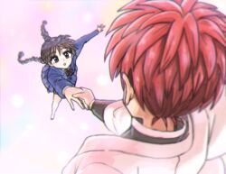 Rule 34 | 1boy, 1girl, :o, black footwear, black track suit, blue jacket, blue skirt, blush, bow, braid, breasts, brown hair, chest bow, falling, from behind, grey hair, hand grab, haori, jacket, japanese clothes, kneehighs, kyoukai no rinne, long hair, looking at another, mamiya sakura, multicolored background, nose blush, open mouth, outstretched arm, pleated skirt, psychedelic, red bow, red hair, rescue, rokudou rinne, school uniform, shirt, short hair, skirt, small breasts, socks, spiked hair, track jacket, track suit, twin braids, wanta (futoshi), white haori, white shirt, white socks
