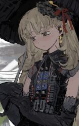 1girl black_dress black_gloves blonde_hair brown_eyes closed_mouth dial dress elbow_rest frills gloves hair_ornament hasu_art highres holding holding_umbrella long_hair mayu_(vocaloid) parasol red_ribbon ribbon sleeveless sleeveless_dress solo umbrella upper_body vocaloid