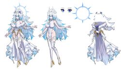 1girl absurdres ahoge blue_eyes blue_flower blue_hair braid breasts closed_mouth colored_tips covered_navel dress flower fur-trimmed_dress fur_trim gold_shoes hair_flower hair_ornament halo head_wings high_heels highres indie_virtual_youtuber large_breasts leotard long_hair long_sleeves minster_(dooke) multicolored_hair oumiya_emma pelvic_curtain reference_sheet shoes smile thighhighs virtual_youtuber white_dress white_hair white_leotard white_thighhighs white_wings wings