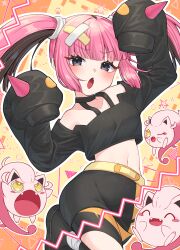 Rule 34 | 1girl, :o, abstract background, absurdres, amakusa setoka, bandaid, black eyes, black hair, black shirt, black shorts, black sweater, blush, coral (pokemon), cropped sweater, fang, gen 9 pokemon, highres, long hair, looking at viewer, midriff, multicolored hair, navel, nintendo, orange background, pink hair, pokemon, pokemon (anime), pokemon (creature), pokemon horizons, scream tail, shirt, shorts, sidelocks, sweater, twintails, two-tone background, two-tone hair, yellow background