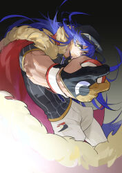 1boy absurdres black_shirt blue_hair bulge cape facial_hair fur-trimmed_cape fur_trim gloves goatee gradient_background highres holding holding_poke_ball lee999nine leon_(pokemon) long_hair male_focus nintendo poke_ball pokemon pokemon_swsh red_cape shirt shorts solo white_shorts yellow_eyes