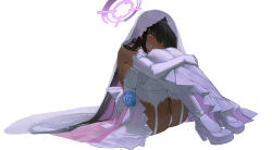 05ghxsu 1girl absurdres alternate_costume back_bow bare_shoulders blue_archive blue_flower blue_rose blush bow breasts bridal_veil bride brown_hair commentary commission dark-skinned_female dark_skin dot_nose dress dress_bow dress_flower elbow_gloves english_commentary flower footwear_bow full_body garter_straps gloves half-closed_eyes halo head_tilt high_heels highres hugging_own_legs jewelry karin_(blue_archive) lace lace-trimmed_gloves lace-trimmed_thighhighs lace_trim large_breasts long_dress long_hair looking_at_viewer panties purple_halo ring rose shoes simple_background sitting solo thighhighs thighs underwear veil very_long_hair wedding_dress wedding_ring white_background white_dress white_gloves white_panties white_shoes white_thighhighs yellow_eyes