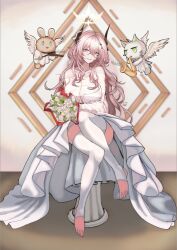 1girl absurdres amiya_(arknights) arknights bare_shoulders bouquet breasts dress flower gomsang-oh halo highres holding holding_bouquet horns huge_breasts kal&#039;tsit_(arknights) long_hair looking_at_viewer parted_lips pink_eyes pink_hair smile solo theresa_(arknights) thighhighs white_dress white_thighhighs