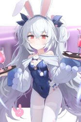 Rule 34 | 1girl, absurdres, animal ears, azur lane, bare shoulders, blue leotard, blue ribbon, blush, breasts, closed mouth, cocktail glass, covered navel, crossed bangs, cup, drinking glass, fake animal ears, groin, hair ribbon, hands up, highres, holding, holding tray, laffey (azur lane), laffey ii (azur lane), laffey ii (sleepy on a busy day) (azur lane), leotard, long hair, looking at viewer, official alternate costume, pantyhose, petite, playboy bunny, rabbit ears, red eyes, ribbon, small breasts, solo, tray, twintails, very long hair, white hair, white pantyhose, ye yemail