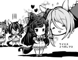 4girls =_= animal_ear_piercing animal_ears asymmetrical_bangs bacius blunt_bangs bow bowtie braid chibi commentary_request daiichi_ruby_(umamusume) daitaku_helios_(umamusume) ear_covers ear_flower fatalis flying_sweatdrops fusion greyscale hair_between_eyes hair_bow hair_ornament hairclip handkerchief handkerchief_biting headpat holding holding_handkerchief horse_ears horse_girl horse_tail huge_bow jealous k.s.miracle_(umamusume) long_hair medium_hair mejiro_palmer_(umamusume) monochrome motion_lines multicolored_hair multiple_girls name_connection no_mouth pleated_skirt puffy_short_sleeves puffy_sleeves sailor_collar sailor_shirt school_uniform shadow shirt shoes short_sleeves side_ponytail skirt streaked_hair summer_uniform sweatdrop tail tail_wagging tearing_up thighhighs tracen_school_uniform translation_request umamusume