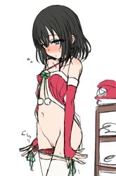 1girl absurdres babydoll black_hair blush breasts christmas elbow_gloves embarrassed fingerless_gloves fur_trim gloves green_eyes groin highres navel nonono_mino original panties panty_pull pulling_own_clothes pussy red_babydoll red_gloves red_panties short_hair side-tie_panties small_breasts solo stomach thighhighs thighs underwear undressing white_thighhighs