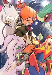1boy amaya_uw black_hair black_hoodie blurry blurry_background commentary_request duraludon earrings fingernails flygon gen_3_pokemon gen_4_pokemon gen_6_pokemon gen_7_pokemon gen_8_pokemon goodra gym_leader highres hood hoodie huge_filesize jewelry light long_sleeves nintendo orange_headwear pokemon pokemon_(creature) pokemon_swsh raihan_(pokemon) rotom rotom_phone sandaconda smile teeth torkoal turtonator