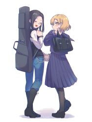 2girls :d :| asymmetrical_footwear bag bang_dream! black_boots black_hair black_jacket black_shoes black_socks blonde_hair blue_shoes blush boots closed_eyes closed_mouth denim from_behind full_body guitar_case hand_up highres holding_hands instrument_case invisible_floor jacket jeans leg_up loafers long_hair long_sleeves looking_at_viewer looking_back mismatched_footwear multiple_girls open_mouth pants pantyhose pocket profile purple_serafuku sato_masuki school_bag school_uniform serafuku shirt shoes short_hair side-by-side sidelocks simple_background sleeveless sleeveless_jacket smile socks standing standing_on_one_leg twitter_username umaa42 wakana_rei white_background white_shirt wrist_belt wrist_chain yellow_eyes