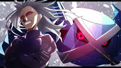 1boy absurdres black_sclera colored_sclera creatures_(company) crossed_arms game_freak gen_3_pokemon grey_hair grin highres male_focus metagross nascour_(pokemon) nintendo pink_eyes pokemon pokemon_(creature) pokemon_colosseum red_eyes red_sclera smile teeth upper_body zeroartwo