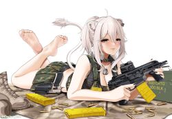 .300_aac_blackout 1girl ahoge alternate_costume ammunition ammunition_box animal_collar animal_ear_fluff animal_ears armpit_crease artist_name assault_rifle bare_legs barefoot belt black_belt black_nails blush boots breasts brown_boots bullet camouflage camouflage_skirt cartridge casino_(casinoep) cleavage collar collarbone crossed_legs cz_75 dog_tags double-parted_bangs ear_piercing eyelashes feet feet_up full_body fur_trim green_vest grey_eyes grey_hair gun hair_between_eyes handgun holding holding_gun holding_weapon hololive holster holstered intermediate_cartridge large_breasts legs lion_ears lion_girl lion_tail long_hair looking_at_viewer lying magazine_(weapon) miniskirt nail_polish on_ground on_stomach optical_sight partially_unzipped piercing pleated_skirt ponytail rifle rifle_cartridge shishiro_botan sidelocks sig_mcx simple_background skirt soles solo tail the_pose toe_scrunch toes tongue tongue_out trigger_discipline twitter_username unworn_boots vest virtual_youtuber weapon white_background