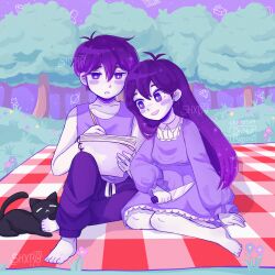 Rule 34 | 1boy, 1girl, absurdres, alternate costume, alternate hair color, alternate universe, antenna hair, arm support, barefoot, blush, bright pupils, brother and sister, cat, checkered blanket, collarbone, colored skin, day, dress, highres, holding, holding knife, holding pencil, holding sketchbook, knife, long hair, looking at another, looking at viewer, mari (headspace) (omori), mari (omori), mewo, omori, omori (omori), open mouth, outdoors, pants, pencil, picnic blanket, purple dress, purple eyes, purple hair, purple pants, purple tank top, short hair, shxro524, siblings, sitting, sketchbook, smile, sweatpants, tank top, tree, white pupils, white skin