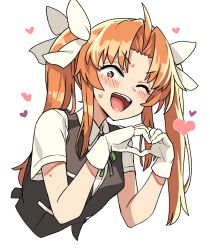 1girl black_vest blush cropped_torso gloves green_ribbon hair_ribbon heart heart_hands highres kagerou_(kancolle) kagerou_kai_ni_(kancolle) kantai_collection long_hair looking_at_viewer neck_ribbon one_eye_closed open_mouth orange_hair ribbon school_uniform shirt short_sleeves simple_background solo sweat taketora_suzume twintails upper_body vest white_background white_gloves white_ribbon white_shirt