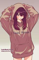 1girl animal_ear_hood brown_hair fake_animal_ears gradient_background hair_over_one_eye highres hood hoodie jagi_(jagi_souken) long_hair simple_background solo toki_ayano yellow_eyes yurucamp