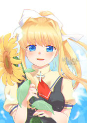 Rule 34 | 1girl, air (visual novel), blonde hair, blue eyes, commentary request, feathers, flower, hair ribbon, highres, kamio misuzu, long hair, looking at viewer, misaki juri, necktie, ponytail, puffy short sleeves, puffy sleeves, red necktie, ribbon, school uniform, short sleeves, solo, sunflower, upper body, white ribbon