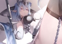 Rule 34 | 1girl, absurdres, bare shoulders, black thighhighs, blue flower, blue hair, breasts, chest guard, commentary, curled horns, double-parted bangs, dragon girl, dragon horns, dragon tail, dress, filene (shadowverse), flower, gauntlets, hair between eyes, hair flower, hair ornament, headpiece, highres, horns, ichien ekaki, looking at viewer, lying, medium breasts, no panties, on back, open mouth, pointy ears, polearm, purple eyes, shadowverse, short hair, solo, tail, thighhighs, thighs, weapon, white dress
