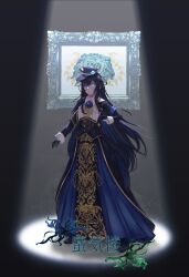 Rule 34 | 1girl, absurdres, ado (utaite), armband, black gloves, black hair, blue dress, blue eyes, blue flower, blue hat, blue rose, chando (ado), closed mouth, commentary request, dress, flower, gloves, hat, highres, light smile, long hair, long sleeves, picture frame, rose, sidelocks, solo, sparkle, spotlight, utaite, zing (zingart)