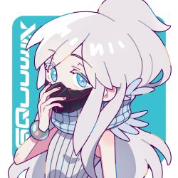 1girl blue_background blue_eyes border bracelet colored_eyelashes commentary_request copyright_name deux_murasame freckles grey_hair gundam gundam_gquuuuuux highres jewelry long_hair looking_at_viewer mask mouth_mask purple_pupils scarf sleeveless snow_light solo updo upper_body white_border white_eyelashes