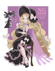 1girl alternate_costume black_dress black_hat blonde_hair bow caitlin_(pokemon) cape chibi chibi_inset creatures_(company) cup dress dress_bow full_body game_freak gen_5_pokemon gothitelle green_eyes hat hat_bow highres holding holding_cup holding_plate long_hair long_sleeves ne_mo nintendo plate pokemon pokemon_(creature) pokemon_bw purple_cape see-through_cape teacup very_long_hair white_bow