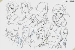 Rule 34 | 1girl, 2000s (style), reference sheet, multiple expressions, gainax, greyscale, lal&#039;c mellk mal, monochrome, multiple views, official art, production art, sadamoto yoshiyuki, short hair, top wo nerae! (series), top wo nerae 2!, traditional media