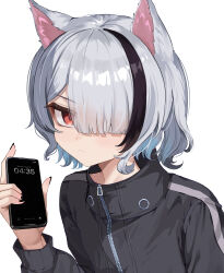 Rule 34 | 1girl, absurdres, agm, animal ears, black hair, black jacket, black nails, cellphone, closed mouth, commentary request, commission, grey hair, hair over one eye, highres, holding, holding phone, jacket, looking at viewer, multicolored hair, nail polish, original, phone, red eyes, short hair, simple background, smartphone, solo, streaked hair, two-tone hair, upper body, v-shaped eyebrows, white background, zipper, zipper pull tab