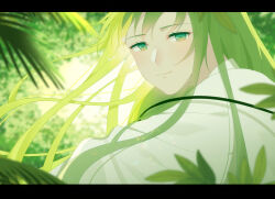 Rule 34 | 1other, absurdres, androgynous, aqua eyes, black border, border, closed mouth, collared robe, commentary, enkidu (fate), eyelashes, fate/grand order, fate (series), forest, gradient eyes, green eyes, green hair, happy, highres, kirina zero, letterboxed, light blush, light particles, long hair, long sleeves, multicolored eyes, nature, other focus, outdoors, palm leaf, robe, sidelocks, smile, solo, upper body, very long hair, white robe, wide sleeves