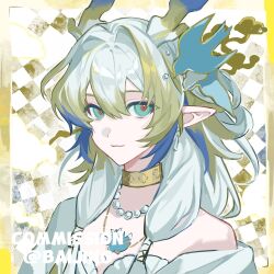 1girl ambience_synesthesia arknights baijing bare_shoulders blonde_hair blue_hair border brown_pupils chinese_commentary choker closed_mouth commentary_request commission earrings green_eyes grey_hair hair_between_eyes hair_intakes highres jewelry light_smile long_hair looking_at_viewer multicolored_hair necklace official_alternate_costume outside_border partial_commentary pearl_necklace pointy_ears portrait shu_(arknights) shu_(bingwenyuyou)_(arknights) solo watermark yellow_border yellow_choker