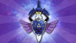 aegislash crossover gen_6_pokemon highres hylian_shield master_sword mootypwns_(artist) nintendo no_humans pokemon pokemon_(creature) shield sword the_legend_of_zelda weapon weapon_focus