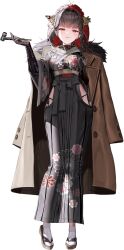 1girl black_kimono blush bodystocking bow breasts bridal_gauntlets brown_coat brown_hair cleavage coat covered_collarbone cushion dduck_kong full_body goddess_of_victory:_nikke hair_ornament hair_stick highres holding holding_smoking_pipe japanese_clothes kimono kneeling lantern long_sleeves looking_at_viewer medium_breasts non-web_source obi off_shoulder official_art okobo platform_sandals red_bow red_eyes sakura_(nikke) sandals sash see-through_cleavage see-through_clothes shadow sidelocks smoke smoking_pipe solo tatami transparent_background underwear wide_sleeves zabuton