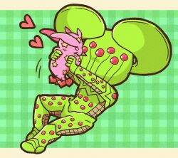 2others absurdres ball_breaker_(stand) chibi colored_skin commentary extra_eyes full_body green_background green_skin heart highres holding humanoid_robot jojo_no_kimyou_na_bouken m_a_a_m_8 motion_lines multiple_others no_humans other_focus pink_skin plaid_background red_eyes robot stand_(jojo) star_(symbol) star_print steel_ball_run tusk_(stand) tusk_act1