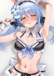 Rule 34 | 1girl, animal ears, apron, armpits, bikini, black bikini, black ribbon, blue hair, blush, breasts, cleavage, clenched teeth, commentary request, detached collar, extra ears, flower, frilled apron, frilled bikini, frills, front-tie bikini top, front-tie top, hair flower, hair ornament, hair ribbon, halterneck, highres, hikimayu, hololive, holonatsu paradise, long hair, looking at viewer, lying, maid, maid bikini, maid headdress, medium breasts, multi-strapped bikini top, navel, nyarurato0debu, official alternate costume, on back, orange eyes, rabbit-shaped pupils, rabbit ears, rabbit girl, ribbon, short eyebrows, sidelocks, small breasts, solo, stomach, swimsuit, symbol-shaped pupils, teeth, thick eyebrows, twintails, unconventional maid, usada pekora, usada pekora (holonatsu paradise), virtual youtuber, waist apron, white apron, wrist cuffs