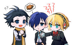 aigis_(persona) android aqua_eyes black_hair black_jacket blonde_hair blue_eyes chibi chibi_only closed_mouth fsmaichobpeg0 highres jacket mochizuki_ryouji persona persona_3 robot_girl scarf shirt short_hair simple_background white_background white_shirt yellow_scarf yuuki_makoto_(persona_3)