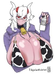 1girl ? alternate_breast_size alternate_costume alternate_design alternate_hair_length alternate_hairstyle animal_print areola_slip arm_under_breasts artist_logo beelzebub_(helltaker) bell bikini black_collar black_nails body_freckles bottle breasts chest_freckles cleavage collar collarbone colored_eyelashes cow_horns cow_print cow_print_bikini cowbell dark_areolae dated demon demon_girl demon_horns english_text expressionless fingernails freckles gigantic_breasts gonzalocosta888 hair_between_eyes half-closed_eyes helltaker highres holding holding_bottle hood hood_down hoodie horns large_areolae logo long_fingernails long_hair long_sleeves looking_at_viewer milk milk_bottle o-ring o-ring_bikini open_clothes open_hoodie print_bikini purple_hoodie red_eyes revealing_clothes sidelocks simple_background sleeves_past_wrists solo swimsuit white_background white_eyelashes white_hair white_horns