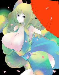 1girl animal_ears armpits ayatoba black_eyes breasts female_focus flower green_hair highres huge_breasts oboro_muramasa oil-paper_umbrella parasol solo umbrella white_hair yuzuruha