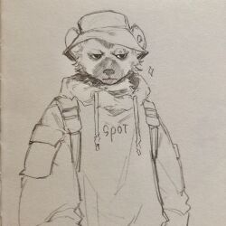 1boy arknights backpack bag bucket_hat character_name closed_mouth ear_piercing eyebrow_piercing face_piercing furry furry_male graphite_(medium) hat hatching_(texture) highres hyena_boy hyena_ears jacket jesuistae linear_hatching looking_to_the_side male_focus piercing sketch sparkle spot_(arknights) third-party_source traditional_media