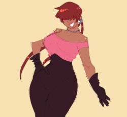 1girl 1shermieaday breasts collar curvy dark-skinned_female dark_skin dress earrings formal_clothes gloves hand_on_own_hip heart huge_breasts jewelry large_breasts long_hair ponytail red_hair shermie_(kof) shirt smile tan the_king_of_fighters thick_thighs thighs twintails wide_hips