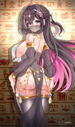 Rule 34 | 1girl, alternate costume, ancient egyptian clothes, azki (hololive), black hair, black thighhighs, blush, breasts, closed mouth, colored inner hair, egyptian trend (meme), hands on own ass, harem outfit, hieroglyphics, highres, hololive, inokeiwd, large breasts, long hair, mask, meme, multicolored hair, pink hair, purple eyes, see-through clothes, see-through mask, sideboob, solo, streaked hair, thighhighs, very long hair, virtual youtuber