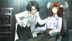 :o belt bent_over black_eyes black_hair black_pantyhose black_skirt bob_cut brown_skirt buttons closed_eyes collarbone collared_shirt evil_smile fingernails game_cg hand_on_another&#039;s_shoulder headgear high-waist_skirt high_heels highres huke impossible_clothes indoors judy_reyes long_hair long_sleeves mature_female miniskirt nail_polish official_art open_collar open_mouth pantyhose pink_lips red_hair ringed_eyes shiina_kagari shiny_lips shirt short_hair sitting skirt smile steins;gate steins;gate_0 tongue white_shirt yellow_trim