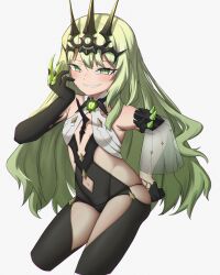 1girl :d absurdres asymmetrical_gloves black_panties black_thighhighs breasts claw_ring clothing_cutout crown elbow_gloves fenrir_(1121468952) gloves green_eyes green_hair grin highres honkai_(series) honkai_impact_3rd long_hair mismatched_gloves mobius_(honkai_impact) navel navel_cutout open_mouth panties simple_background single_sleeve slit_pupils small_breasts smile smug solo string_panties teeth thighhighs underwear very_long_hair wavy_hair white_background white_sleeves