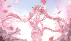 1girl :d absurdly_long_hair absurdres arm_tattoo blurry blurry_foreground bow cherry_hair_ornament closed_eyes collared_shirt detached_sleeves floating_hair food-themed_hair_ornament hair_bow hair_ornament hatsune_miku head_tilt highres long_hair long_sleeves miniskirt necktie number_tattoo open_mouth pink_hair pink_necktie pink_skirt pink_sleeves pink_thighhighs pleated_skirt sakura_miku shirt skirt sleeveless sleeveless_shirt smile solo spring_(season) tattoo thighhighs traum twintails very_long_hair vocaloid white_shirt wing_collar yellow_bow zettai_ryouiki