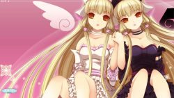 00s 2girls bare_shoulders black_dress blonde_hair brown_eyes chii chobits choker copyright_name detached_sleeves detached_wings dress freya freya_(chobits) frilled_dress frills greyscale hair_tubes highres holding_hands long_hair monochrome multiple_girls parted_lips pink_background ribbon ribbon_choker robot_ears siblings sisters sitting twins very_long_hair white_dress wings yuu_kumoya