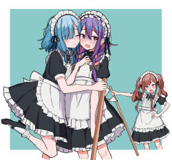 3girls absurdres apron aqua_background arm_at_side black_bow black_dress black_shoes blue_hair blush border bow braid braided_twintails bright_pupils brown_hair cheek-to-cheek closed_mouth commentary_request cropped_legs dress eyes_visible_through_hair frilled_apron frilled_dress frilled_socks frills hair_between_eyes hair_over_one_eye hand_on_own_hip hand_up heads_together highres holding holding_mop hug_from_side long_bangs long_hair long_sidelocks low-tied_long_hair maid_apron maid_headdress male_focus mary_janes medium_dress medium_hair mop multicolored_hair multiple_girls nose_blush open_mouth orange_streaks original outside_border outstretched_arm parted_bangs purple_hair raised_inner_eyebrows red_eyes shoes sidelocks sketch socks streaked_hair striped_bow sweatdrop twin_braids twintails unamused urushiushiru v-shaped_eyebrows wavy_mouth white_apron white_border white_pupils white_socks yuri