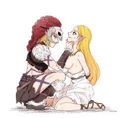 Rule 34 | 1boy, 1girl, alternate universe, artist name, barbarian set (zelda), blonde hair, breasts, commentary, dress, ear piercing, from side, fur trim, gladiator sandals, highres, kneeling, link, long hair, nintendo, piercing, pointy ears, princess zelda, sandals, short hair, simple background, sitting, squatting, sweatdrop, teraichigo, the legend of zelda, the legend of zelda: breath of the wild, topless female, white background, white dress
